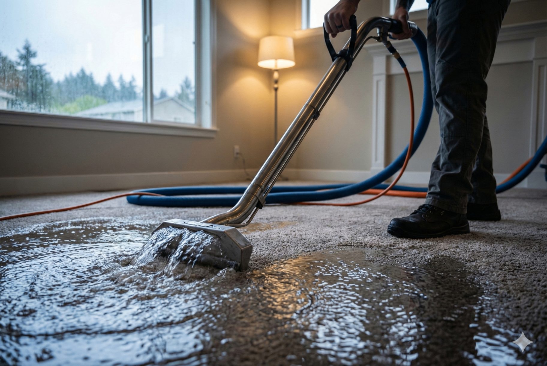 Professional water extraction from flooded carpet