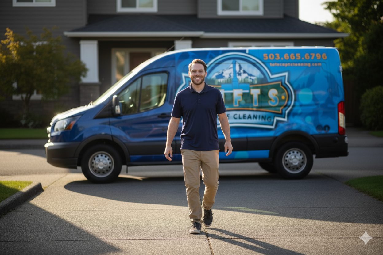 Tufts Carpet Cleaning owner walking up a Gresham driveway in front of the company van