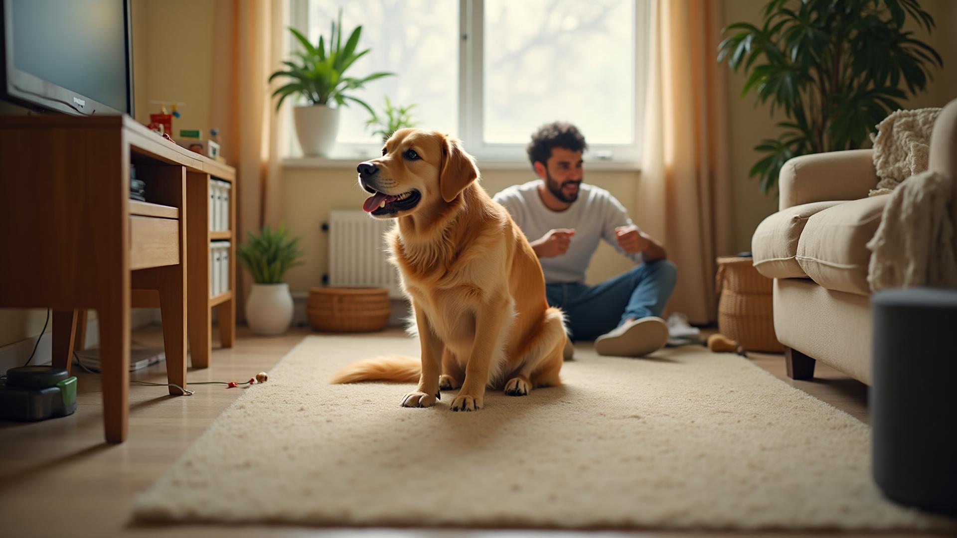 Family dog resting on carpet in a home