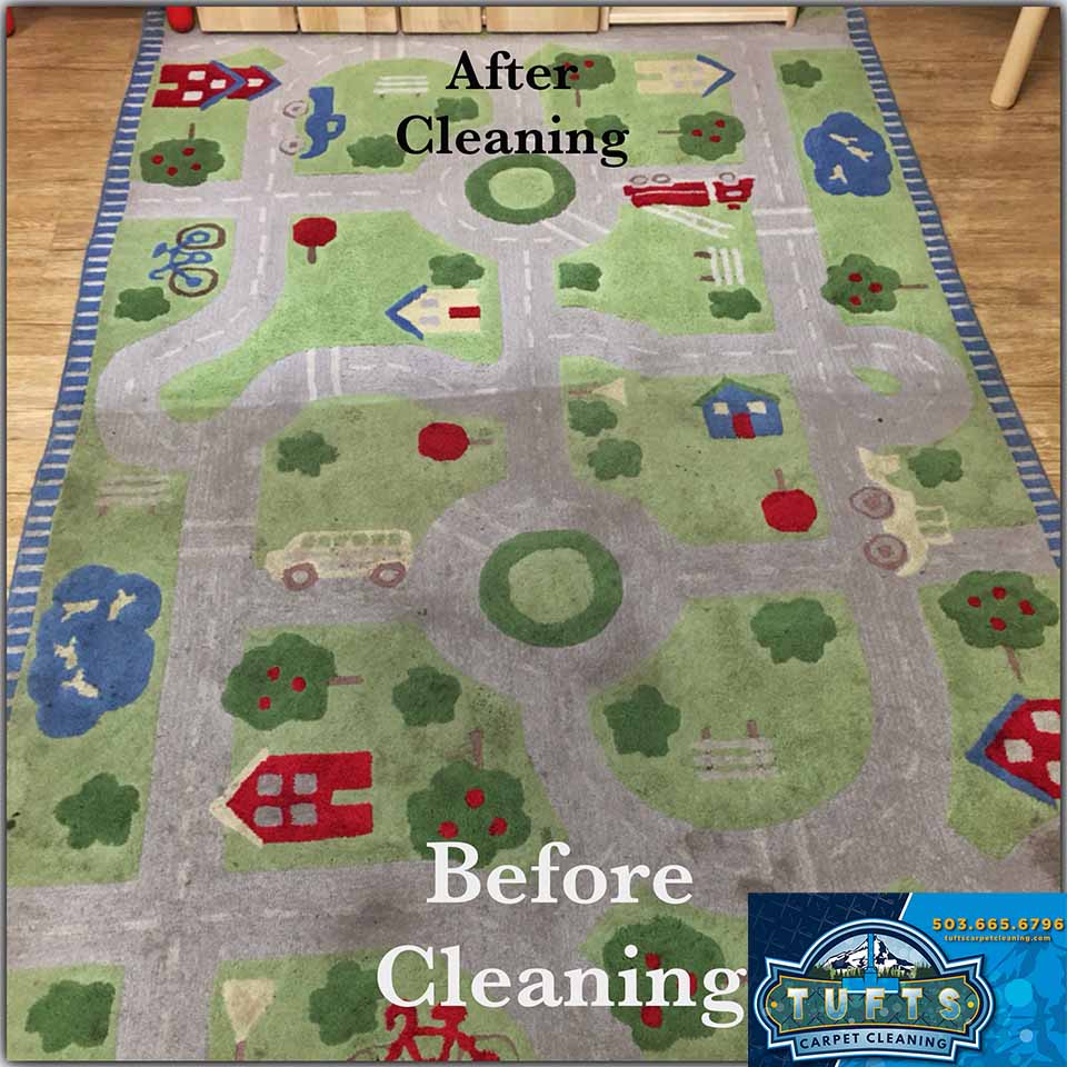 Before and after cleaning of a daycare area rug