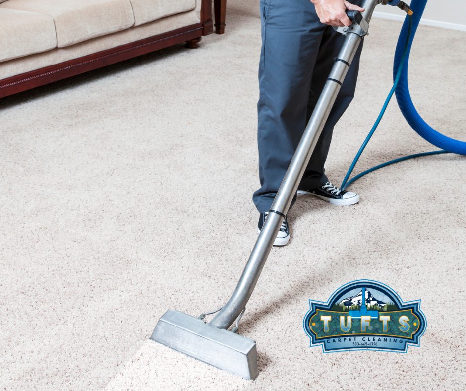 Professional technician using truck-mounted steam cleaning wand on residential carpet with Tufts Carpet Cleaning branding