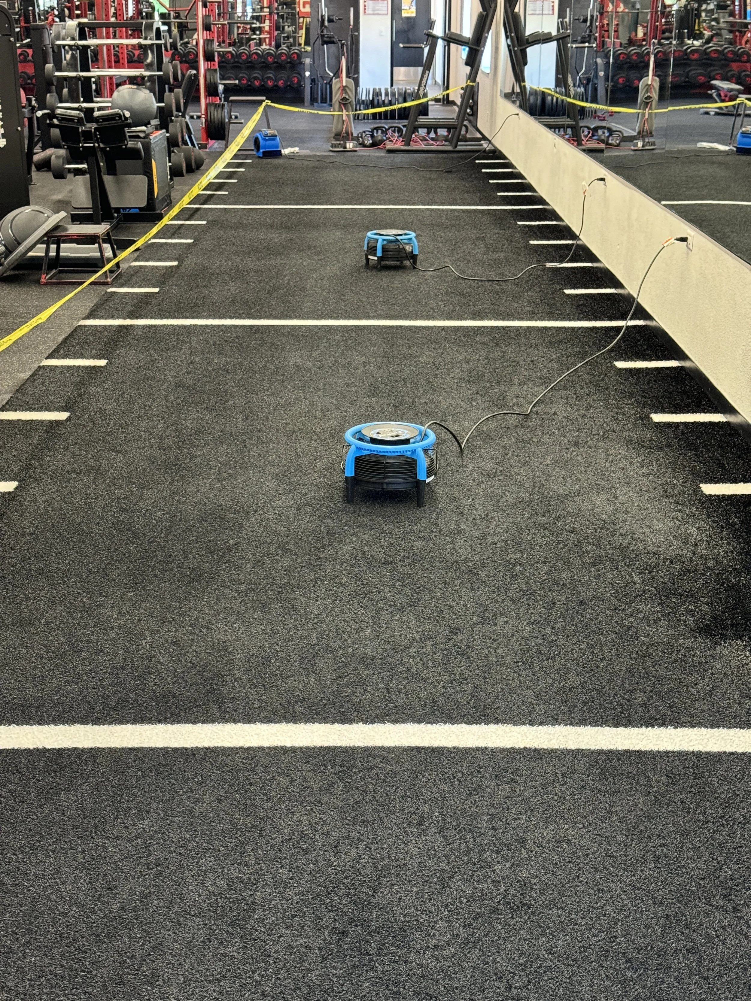 Professional air movers drying gym turf after cleaning